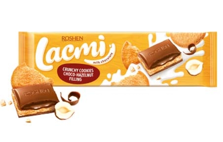 Шоколад Lacmi молочний з шоколадно-горіховою начинкою та печивом (290 г), Рошен, Roshen